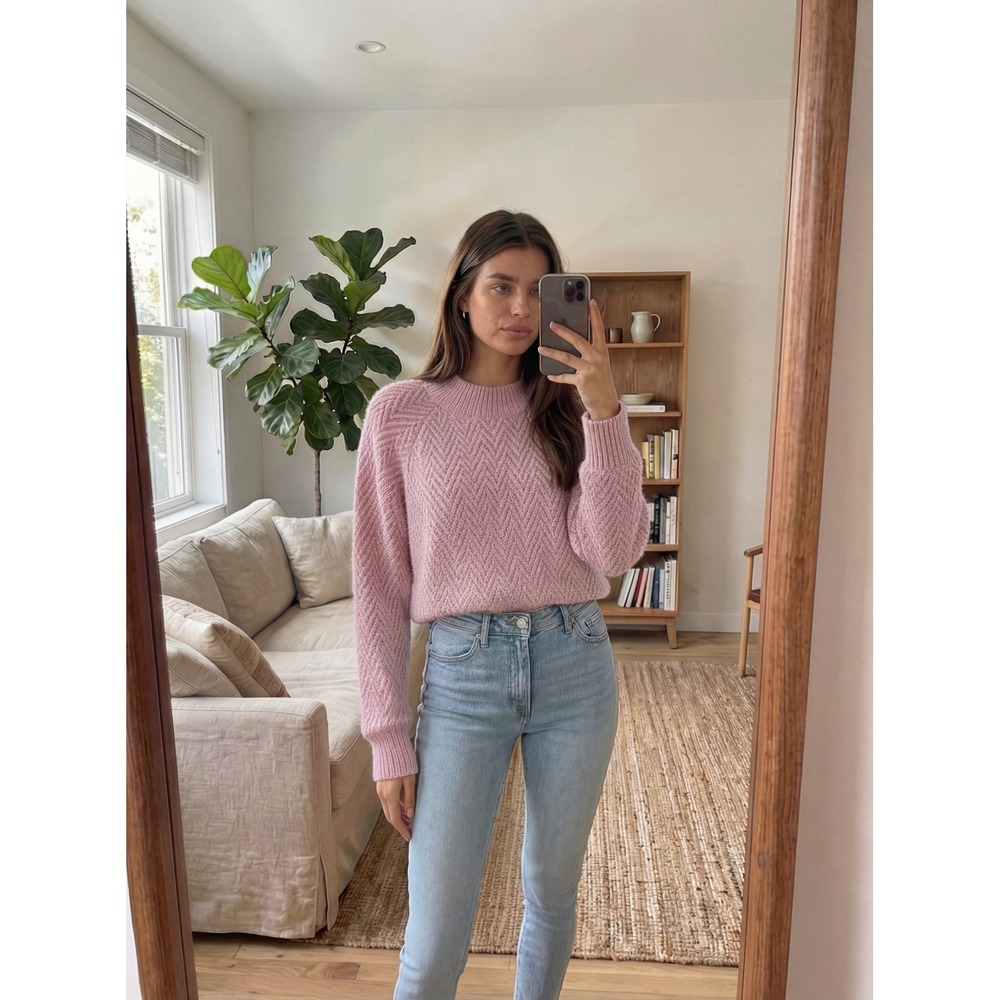 Pink Clover Women Sweater Large Pink Mock Neck Cottage Pastel Preppy Romantic